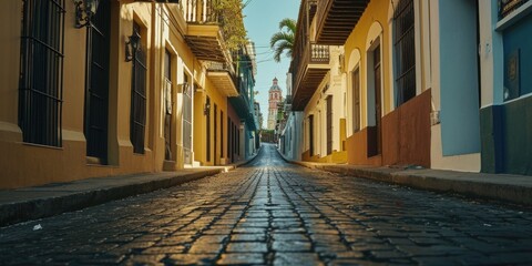 Poster - A picturesque narrow cobblestone street with a clock tower in the distance. Perfect for travel and historical themes
