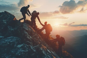 a group of people climbing up a mountain. suitable for adventure, teamwork, and outdoor activity the
