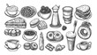 A collection of various breakfast foods and drinks. Perfect for illustrating a delicious and balanced morning meal. Great for food blogs, recipe websites, and restaurant menus