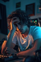Poster - A man sitting in front of a laptop computer. Suitable for technology-related projects