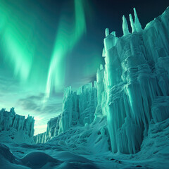 Canvas Print - Ice Castle Under Northern Lights in Frozen Landscape