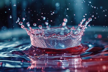 Poster - A vibrant red surface with a splash of water on top. Perfect for adding a pop of color and freshness to any design