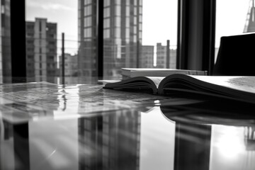 Poster - a book sitting on top of a table next to a laptop. can be used to illustrate studying, education, or