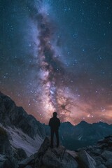  A person standing on a rock, gazing at the stars. Suitable for astronomy, stargazing, and night sky concepts