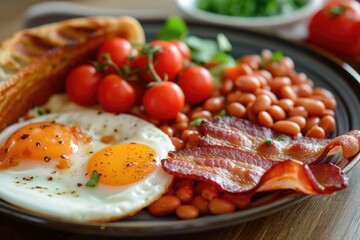 Wall Mural - A delicious breakfast plate consisting of eggs, bacon, beans, and tomatoes. Perfect for a hearty morning meal. Ideal for food and cooking-related projects