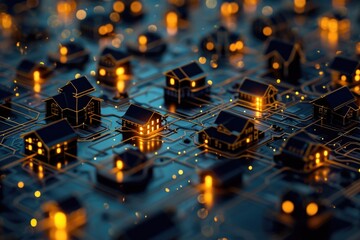 Poster - A close up of a circuit board with houses on it. Can be used to represent technology, connectivity, or smart homes