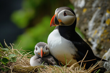Wall Mural - a penguin with her cub, mother love and care in wildlife scene