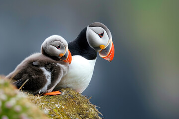 Wall Mural - a penguin with her cub, mother love and care in wildlife scene