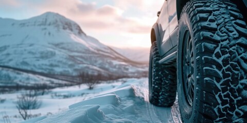 Poster - A car is seen driving on a snowy road with a majestic mountain in the background. Perfect for winter travel or adventure-themed projects