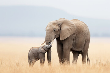 Wall Mural - an elephant with her cub, mother love and care in wildlife scene