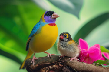 Wall Mural - a gouldian finch with her cub, mother love and care in wildlife scene