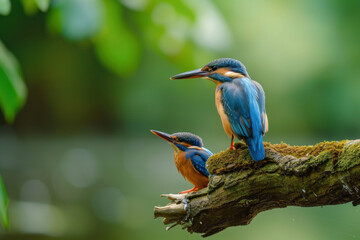 Wall Mural - a kingfisher with her cub, mother love and care in wildlife scene