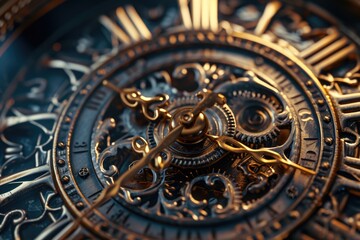 Poster - A detailed view of a clock face with Roman numerals. This image can be used to represent time, punctuality, history, or vintage aesthetics