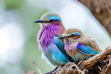 Wall Mural - a lilac-breasted roller with her cub, mother loves and cares in wildlife scene