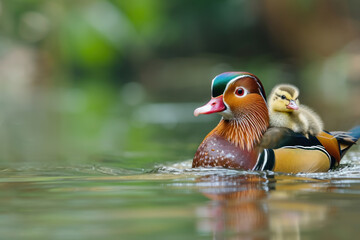 Wall Mural - a mandarin duck with her cub, mother love and care in wildlife scene