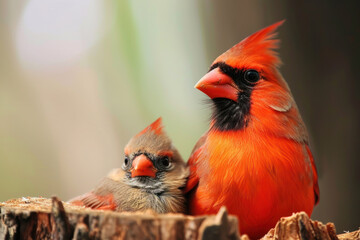 Wall Mural - a northern cardinal with her cub, mother love and care in wildlife scene