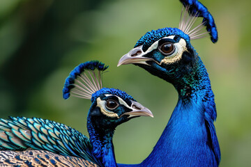 Wall Mural - a peacock with her cub, mother loves and cares in wildlife scene