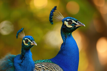 Wall Mural - a peacock with her cub, mother loves and cares in wildlife scene