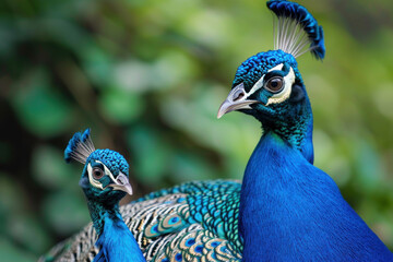 Wall Mural - a peacock with her cub, mother loves and cares in wildlife scene