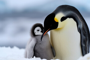 Wall Mural - A penguin with her cub, mother love and care in wildlife scene