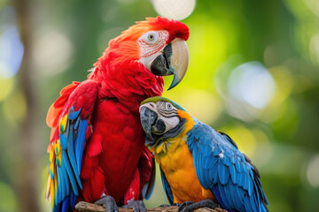 Wall Mural - a scarlet macaw with her cub, mother love and care in wildlife scene