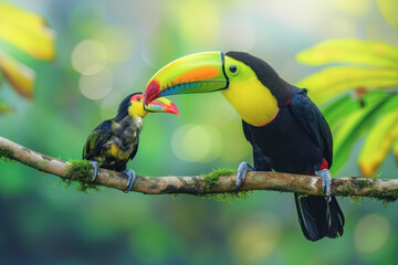 Wall Mural - a toucan with her cub, mother love and care in wildlife scene