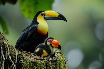 Wall Mural - a toucan with her cub, mother love and care in wildlife scene