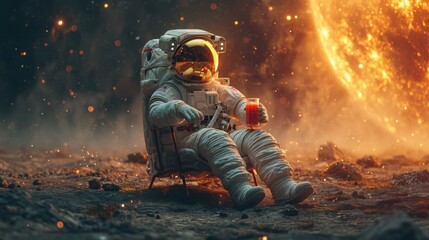 Astronaut sits on a chair under the rays of a bright star while drinking beer on an alien planet