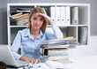 © H_Ko - Lot of work wait for tired and exhausted woman. Huge pile of document folders headache and depression irs new problems emotion expression vacancy or holiday dream concept