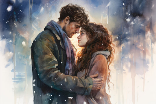 
Watercolor of a young couple sharing a warm embrace on a snowy winter evening