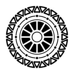 Round geometric sign. Abstract circular ornament. Isolated ethnic symbol. Stencil tattoo and print. Round vector pattern. Decorative design element. Black color shapes.