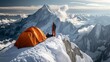 © lilgrapher - Landscape photo of a mountaineer on top of a snowy mountain with a tent.