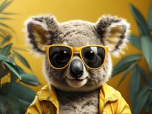 Funny Koala Wearing Sunglasses And A Yellow Jacket On A Yellow Background, Koala Bear Fashion, Generative Ai