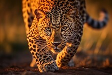 Leopard Stealthily Emerging From Shadows, Camouflaged In African Savannah During Glorious Sunset