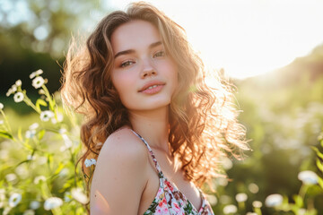 Beautiful caucasian young woman wearing a floral playsuit on sunny summer day