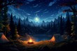 A peaceful campsite scene at night with tents, a fire, and a celestial vortex above.