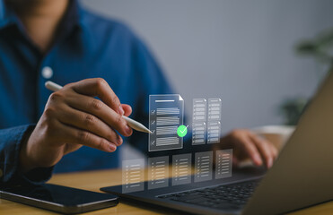 Poster - Business performance monitoring concept, businessman using computer laptop Online survey filling out, digital form checklist, Quality control and accuracy Check, Assessment form, questionnaire.