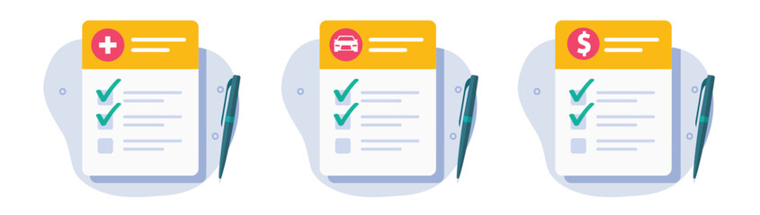 Bank money cash application form fill check list icon vector graphic illustration set, medical report insurance checkup with checklist results, car vehicle auto coverage inspection claim document