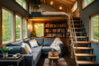 Cozy tiny house living room, with a focus on efficient use of space and minimalist decor