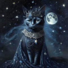  A mystical anthropomorphic cat in a crown and luxurious clothes walks at night under the moon