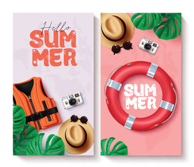 Poster - Summer hello greeting vector poster set. Hello summer greeting collection with lifejacket, lifebuoy and hat travel vacation elements. Vector illustration summer greeting poster design.
