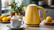 Yellow Electric kettle and mugs with poured tea stand on a modern wooden table in a cozy room. Household appliances for making hot drinks. AI generative