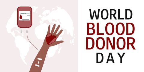 Blood donation concept. World blood donor day. June 14. Human hand and blood bag. Black man donates blood. Horizontal banner, poster, card, flyer. 