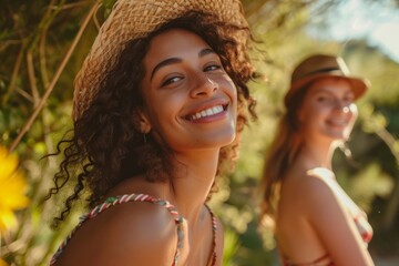 Wall Mural - Happy young woman with summer hat smiling outdoors with a blurred man in the background.