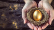  a person's hands holding a gold egg in a nest, 
