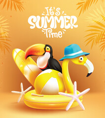 Wall Mural - Summer time text vector design. It's summer time greeting with flamingo, toucan, surfboard and beachball beach elements in yellow background. Vector illustration summer season tropical design.
