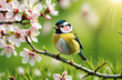 spring, sunny day, cherry blossom branch, bird sitting on a blossoming branch