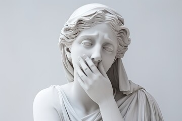 Antique sculpture ancient Greek goddess boring, dreary, sad gape covering her mouth with her hand