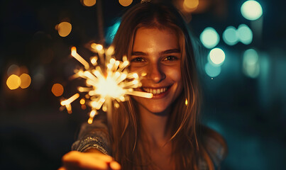 woman holding a sparkler to celebrate new year, Generative AI