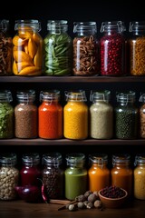 Wall Mural - Pantry shelf displaying a colorful collection of spices and herbs, Generative AI